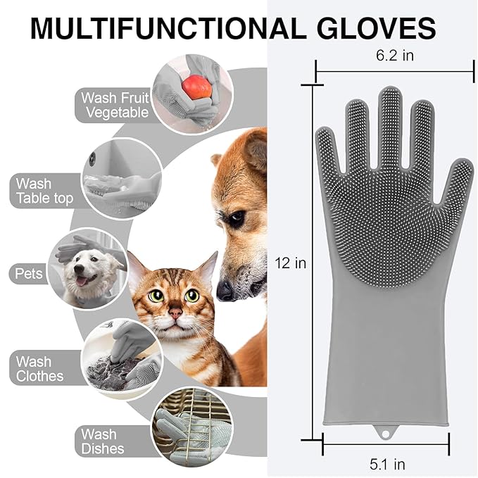 Dog Washing Gloves for Shedding & Bathing - 5-Finger Deshedding & Massage Gloves for Dogs & Cats, Reusable Heat-Resistant Silicone Brush Gloves, Gentle Hair Removal & Bathing Aid (Pair) (Grey)