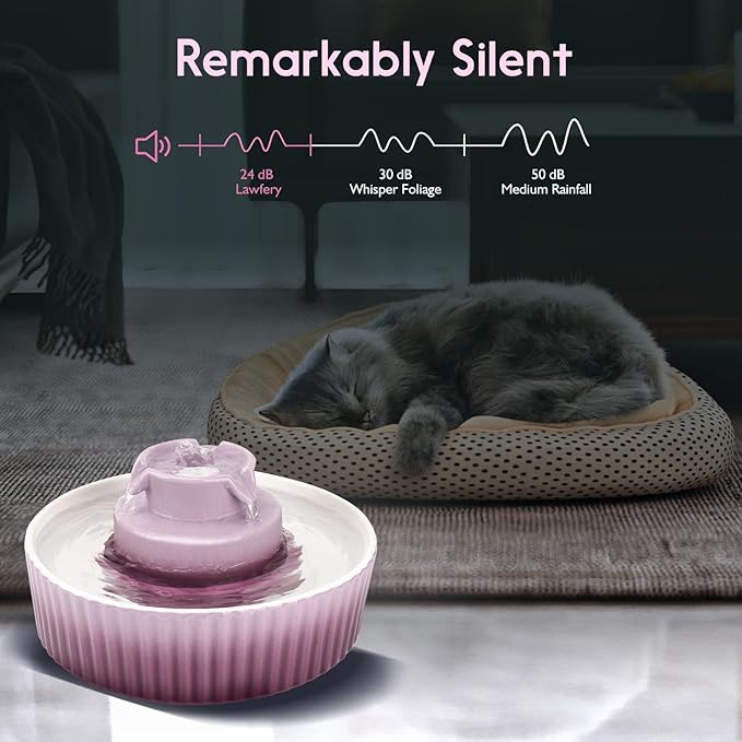 Ceramic Cat Water Fountain, 2.1L/71oz Cat Fountain with 3 Carbon Filters and 2 Water Pumps, Cupcake Pet Water Fountain for Cats and Dogs (Purple)