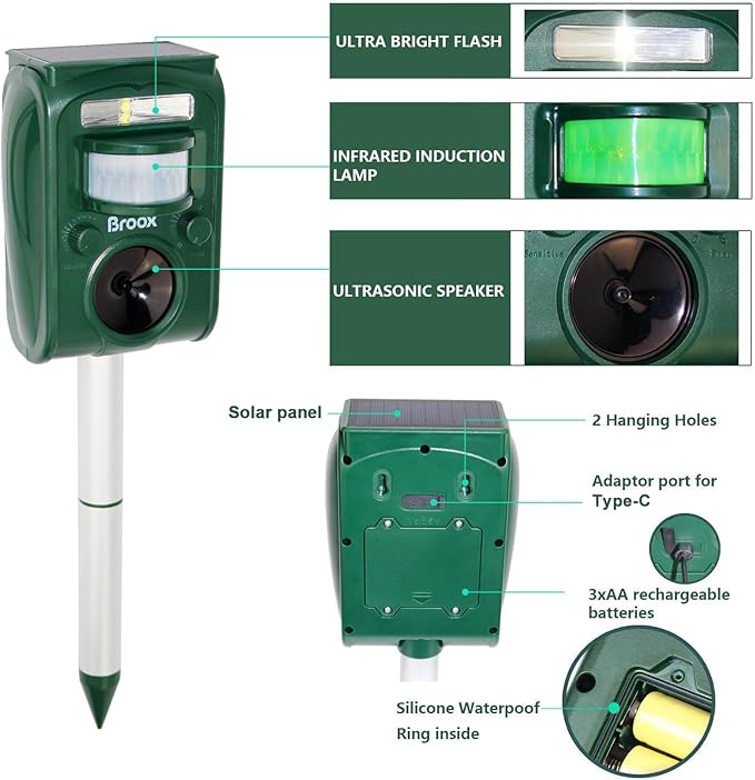Broox 2026 Upgraded Solar Animal Repellent, Cat Repellent Outdoor, Squirrel Repellent, Deer Repellent, Ultrasonic pest Repeller, Waterproof IP 65, Motion Detection, Dog, Raccoon, Skunk, Rabbit, Rodent