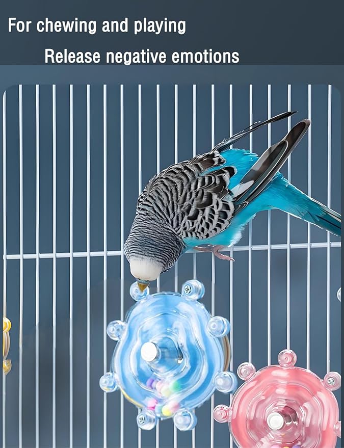 Bird Toys, 2PCS Conure Spinning Rotating Toy Parrot Rattle Toys Cute Bird Cage Accessories for Small to Medium Birds, Blue/Yellow