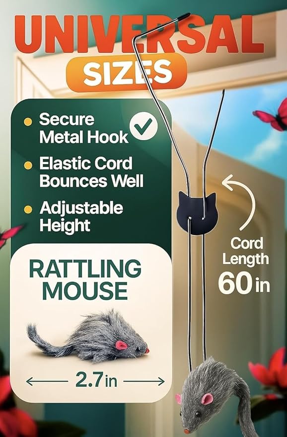Self Play Hanging Door Cat Mouse Toy - Interactive Cat Toys for Indoor Cats - Fun Hunting Exercise for Bored Adult Cats & Kittens - Top Hanging Cat Toy for Indoor Play (Extended Package)