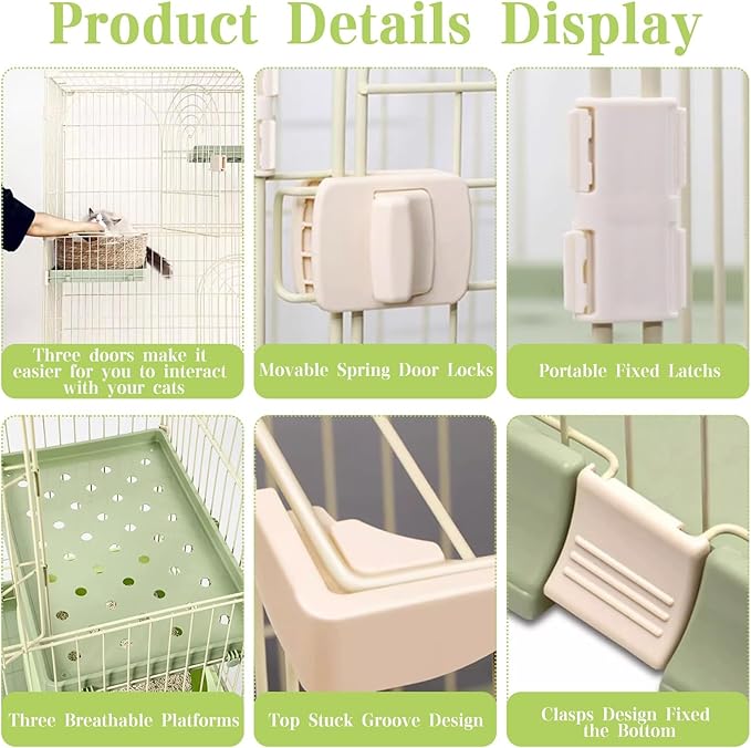 Hamiledyi 4-Tier Cat Cage Indoor Large Cat Enclosure with 1 Ramp Ladders 3 Platforms 3 Doors Metal Cat Playpen Outdoor Kitten Cage for 1-3 Small and Medium Pets (Green)