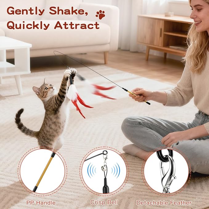 Pawaboo Feather Teaser Cat Toy - Interactive Wand with Extra Long 34.5" Wand and Small Bell, Exerciser Playing Toy for Kittens or Cats, Wine Red & White Feather