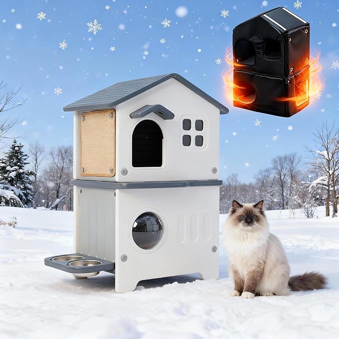 Outdoor Cat House with Insulated Liner, Weatherproof for Feral Multi Cat, 2 Story Plastic Elevated Cat Shelter with Escape Door, Scratching Post, Stainless Steel Bowl, Grey 35" D x 15" W x 20" H
