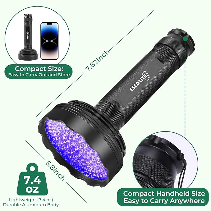 ESCO LITE Blacklight Flashlight 128 LED UV Flashlight, Upgraded Bright 395nm Handheld Ultraviolet Light for Pet Urine Detection, Scorpion Hunting