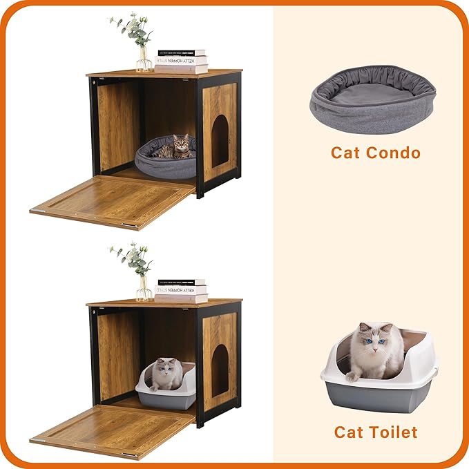 Dwanton Cat Litter Box Furniture Hidden, Cat Litter Box Enclosure, Reversible Entrance Can Be on Left or Right Side, Indoor Cabinet, Wooden Washroom, End Table, Nightstand, Warm Brown, 23.6" L