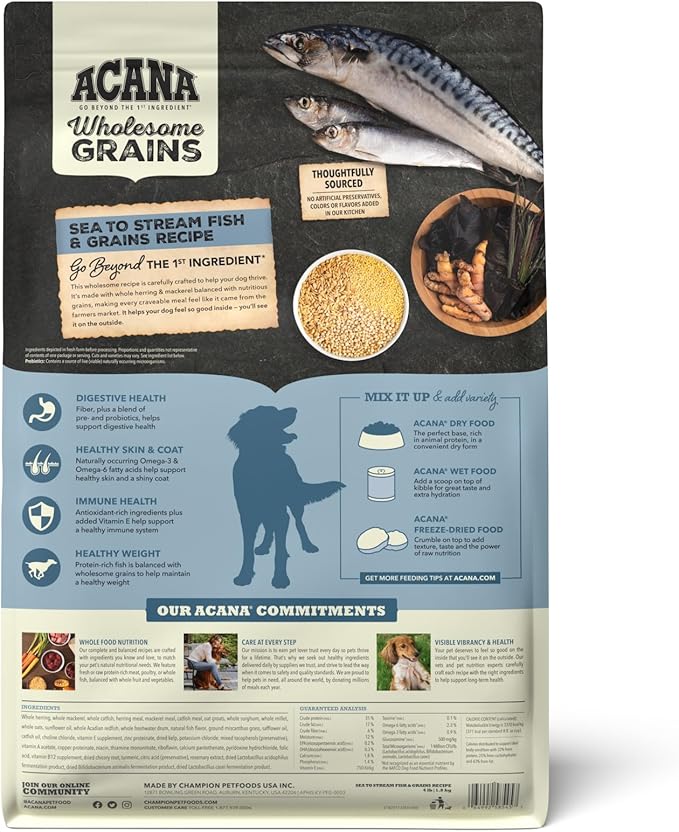 ACANA Wholesome Grains Dry Dog Food Sea to Stream Saltwater Fish Recipe 4lb Bag