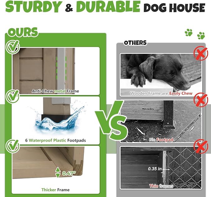 Medium Wooden Dog House Outdoor, Weatherproof Dog Houses with Adjustable Vent Windows, Alloy Chew-Resistant Frame, Removable Floor for Medium & Small Dogs (34" L x 22" W x 25" H)