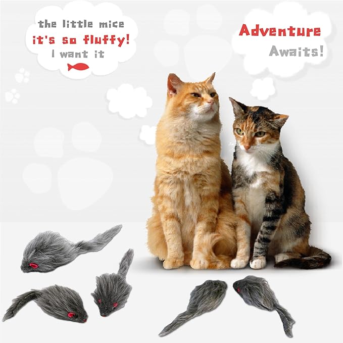 Cat Toys, 5 Pack Faux Fur Cat Mouse Toy, Interactive Cat Toy 6.3” Realistic Size Grey Furry Rattle Mouse Without Catnip Kitten Mice Toy for Bored Indoor Adult Cat, Feline Chew Toy Self Play