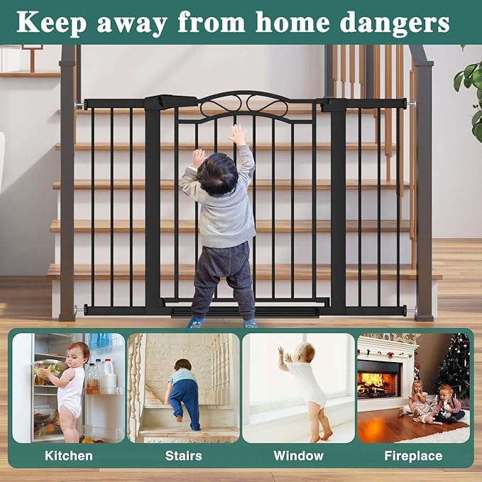 Fairy Baby 65.4"-68.1" Extra Wide Baby Gate with Door, 66 67 68 Inches Walk THR Baby Gates for Stairs Pressure Mounted no Drill, Indoor Tension Metal Child Pet Dog Safety Gate for Kids, Black