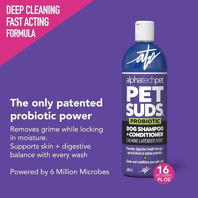 PetSuds Probiotic Dog Shampoo and Conditioner - Helps with Hotspots, and Dry, Oily Skin - Hypoallergenic and Sulfate Free Pet Shampoo - Lavender, 16 Oz. by Alpha Tech Pet