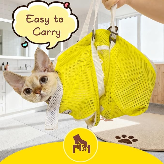 Cinf Cat Bathing Bag(Free Muzzle) Breathable Mesh Anti Scratch Adjustable Cat Grooming Bag for Nail Trimming, Bathing Soft Cat Washing Bag(Yellow) L