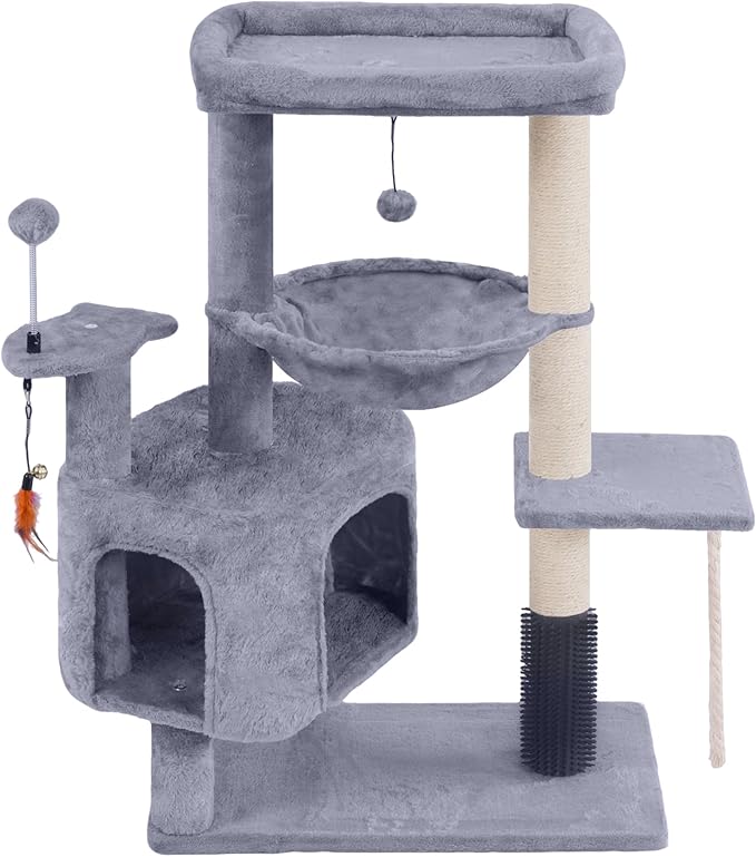 Cat Tree with Cat Condo and Hammock for Indoor Cats, Cat Tree with Self-Grooming Brush and Toy Balls,Cat Tower with Scratching Posts,Grey