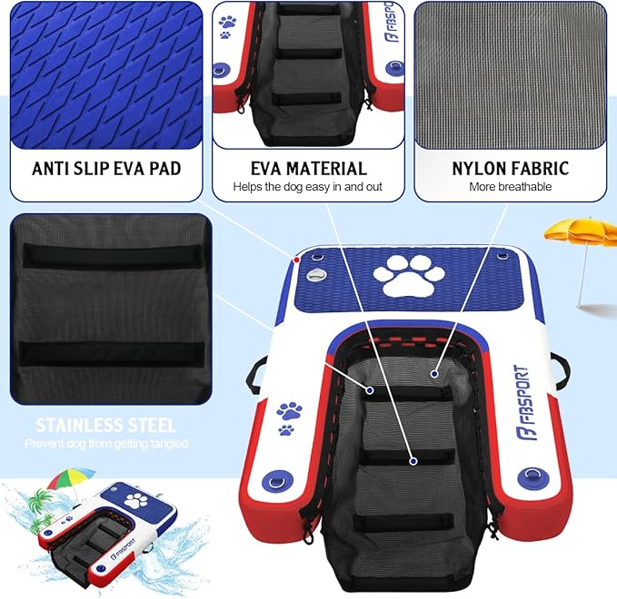 FBSPORT Inflatable Dog Boat Ramp Floating Dock Water Ladder for Pool, Boat, Non-Slip EVA Floating Ladder Pool Ramp for Dog Up to 220 LBs, Safe & Easy Access