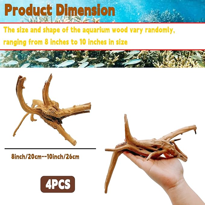 Hamiledyi 4PCS Driftwood for Aquarium 8-10in Natural Spider Wood Reptile Branches Fish Tank Log Ornament Aquarium Trunk Decoration