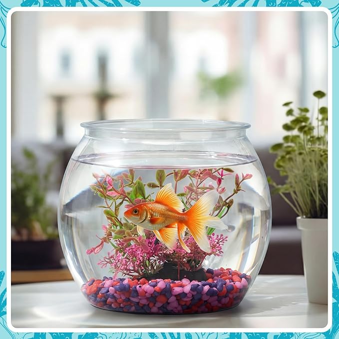 1 Gallon Plastic Fish Bowl with Artificial Plastic Plants and 1 lb Decorative Gravel Shatterproof Clear Round Goldfish Betta Tank, Small Fish Bowl/Aquarium for Table Centerpiece Home Decor