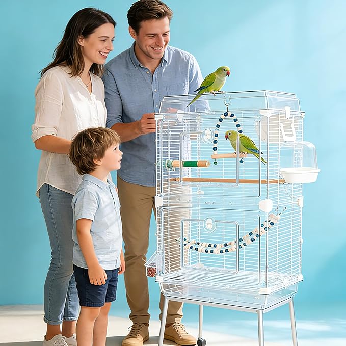 8-in-1 Clear View Bird Cage - Double Layer Small Birdcage with Common Accessories, Indoor & Travel Bird Carrier for Canary, Parakeet, Parrot, Budgies, Cockatiels, 18 * 12 * 27in