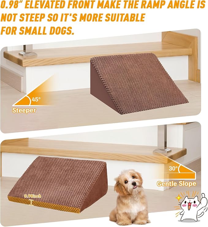 40D Dog Ramp for Stairs for Small & Senior Dogs and Cats – Non-Slip Stair Ramp for Dogs with Gentle Slope, Pet Ramp with Washable Cover & Self-Sticky Pads for Safe Climbing Easy Install(Brown, 3 Pack)