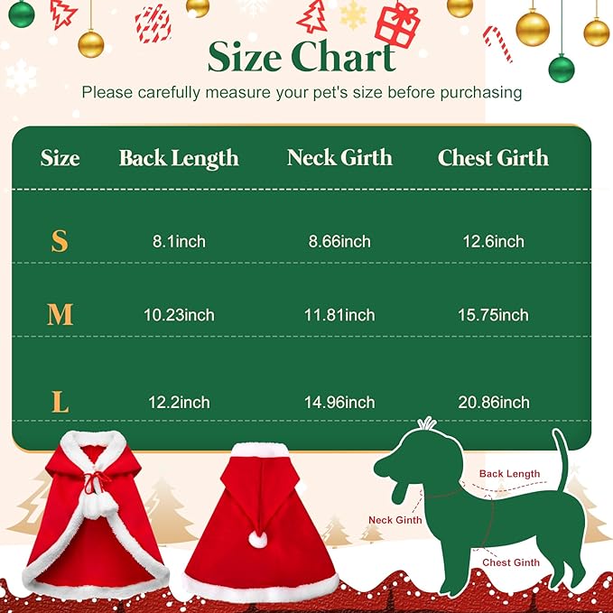 Cat Christmas Cape, Dog Soft Thick Xmas Cloak with Hat, Pets Christmas Costume Dogs Cats Santa Claus Outfits for Goose Rabbit, M