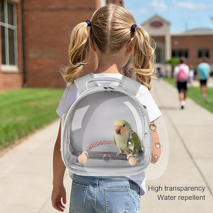 Small Bird Travel Backpack Carrier Cage, Backpack to Transport Backpack Carrier with Metal Tray Stand Perch for Parakeet Cockatiel Budgies Vet Carry Book Bag Grey