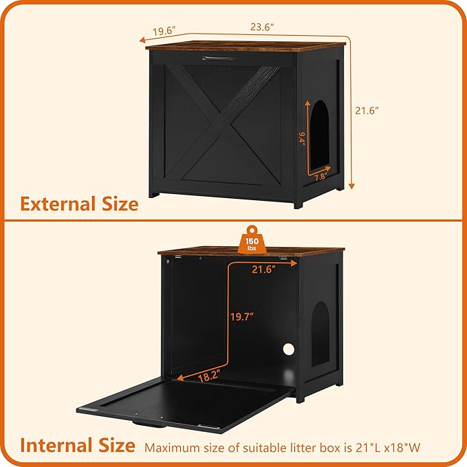 Dwanton Cat Litter Box Furniture Hidden, Cat Litter Box Enclosure, Reversible Entrance Can Be on Left or Right Side, Indoor Cabinet, Wooden Washroom, Nightstand, Black and Rustic Brown, 23.6" L