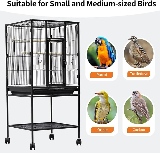 Spacious Metal Bird Cage with Rolling Stand and Storage – Large Flight Cage for Parakeets, Parrots, Cockatiels, Conures – Includes Feed Bowls, Play Top – Durable Pet Aviary – 40.5"/61" Tall