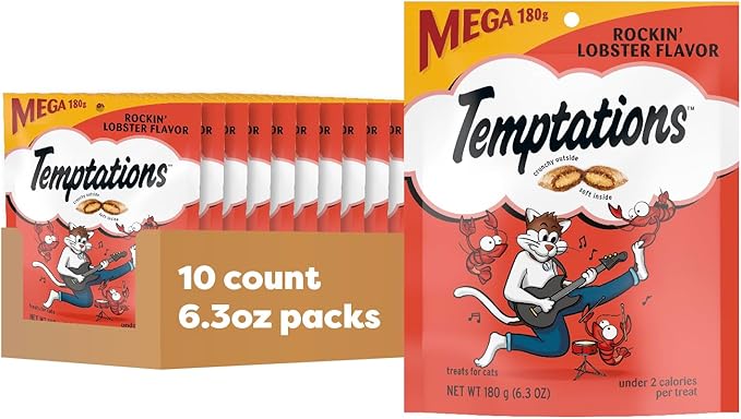 Temptations Classic Cat Treats, Rockin' Lobster Flavor, Crunchy and Soft Cat Treats 6.3 oz. Pouch (Pack of 10)
