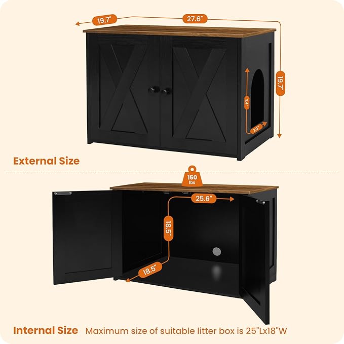 Dwanton Litter Box Enclosure, Cat Litter Box Furniture Hidden, Reversible Entrance Can Be on Left or Right Side, Wooden Cat Washroom Indoor, Black and Warm Brown, 27.6 Inches