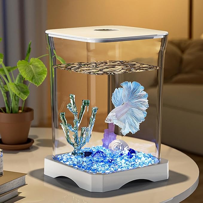 Led Betta Fish Aquarium - 635g 4k Hd Desk Fishs Tank, Small Starter Aquariums Kit, Led Mini Aquariums | Ornamental Fish Bowl Aquarium with Light for Home, Office, Apartment, Kitchen, Study Room Decor