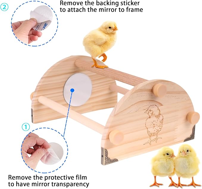 Pine Chicken Perch with Mirror and Metal Corners, Strong Solid Mini Small Chick Jungle Gym Roosting Bar, Chicken Toys for Coop and Brooder, Training Perch Toys for Large Bird, Parrot, Macaw, Hens