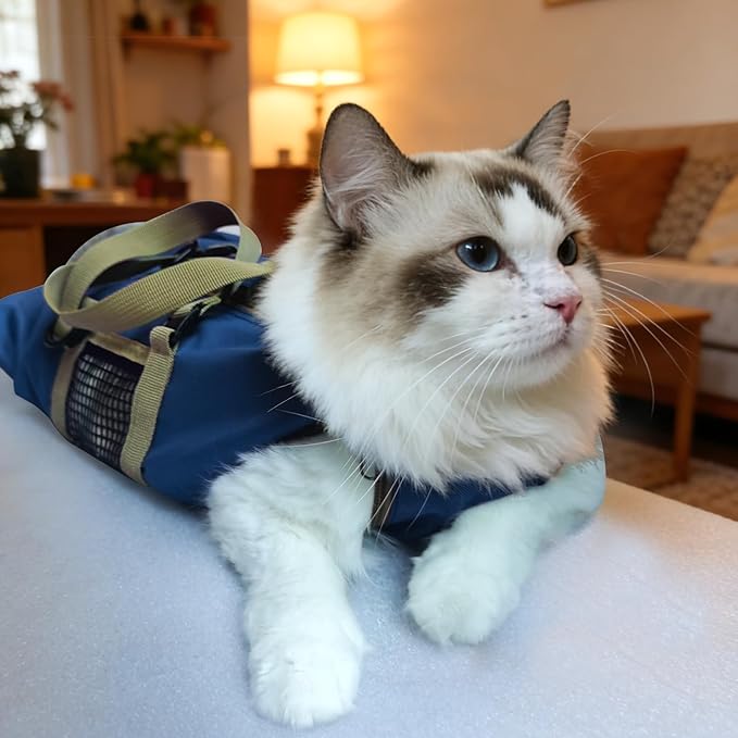 Cinf Cat Nail Clipping Cleaning Grooming Restraint Bag No Scratching Biting for Bathing Nail Trimming Injecting Examining(Tan Blue,M)