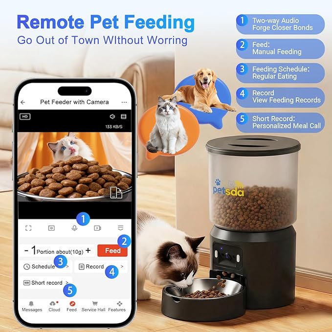 Automatic Cat Feeder with 2K Camera 5G WiFi 4L Timed Dry Food Dispenser APP Control, 15 Meals Programmable 1-20 Portion Per Day Dual Power Supply with Stainless Bowl for Multiple Pet Easy Clean