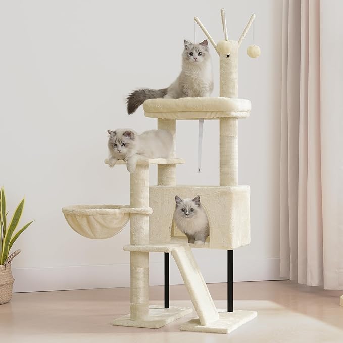 Cat Tree for Indoor Cats, Cat Tower with Scratching Post for Small Cats and Kittens, Cat House with Removable Top Platform and Fluffy Balls, Hanging Cat Basket, Beige GCT006SM