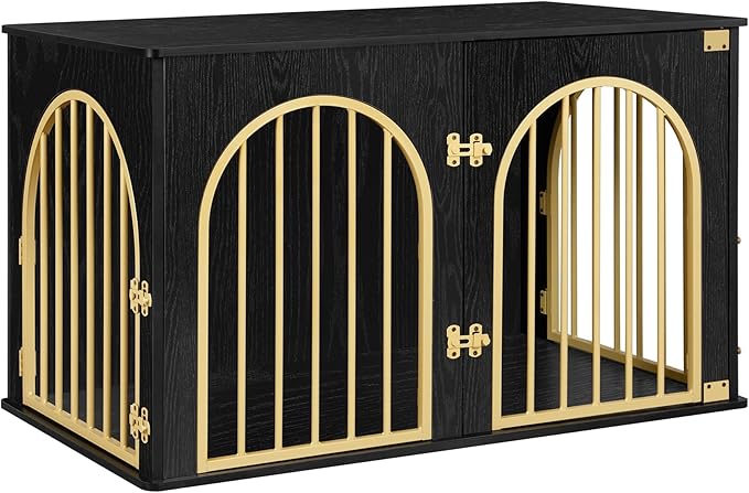 39.4" Wooden Dog Crate Furniture, Indoor Dog Kennel Dogs Cage for Small/Medium/Large Dogs, Heavy Duty Dog Crates Decorative Pet House End Side Table TV Stand, Black Gold DFC84104A