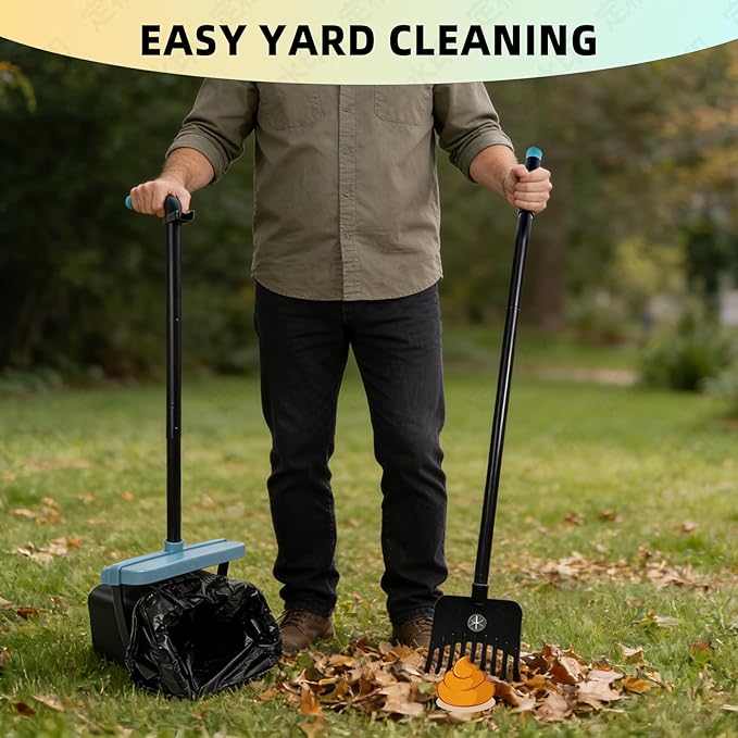46" Pooper Scooper Swivel Bin & Rake for Large Small Dogs with Bag Attachment, Long Handle Poop Scooper with Lid for Yard (Blue)