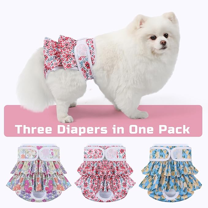 Reusable Dog Diapers Female 3 Pack Doggie Diapers for Period Heat Incontinence Puppy Training (Large, RedFlower)