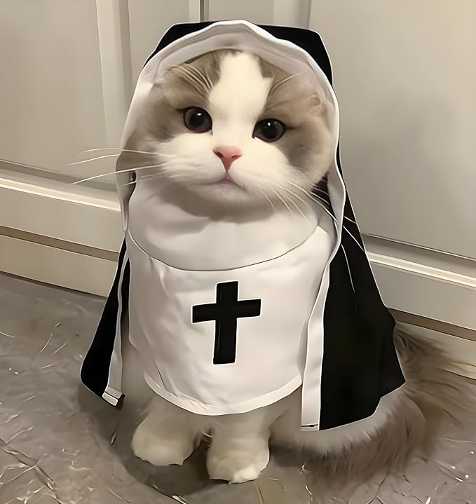 Halloween Cat Costume Nun Dress - Funny Pet Cosplay Apparel for Cats & Small Medium Dogs, Adjustable Nun Habit Cloak for Halloween Party, Christmas, Holidays - Cute Pet Clothing Costume Accessories