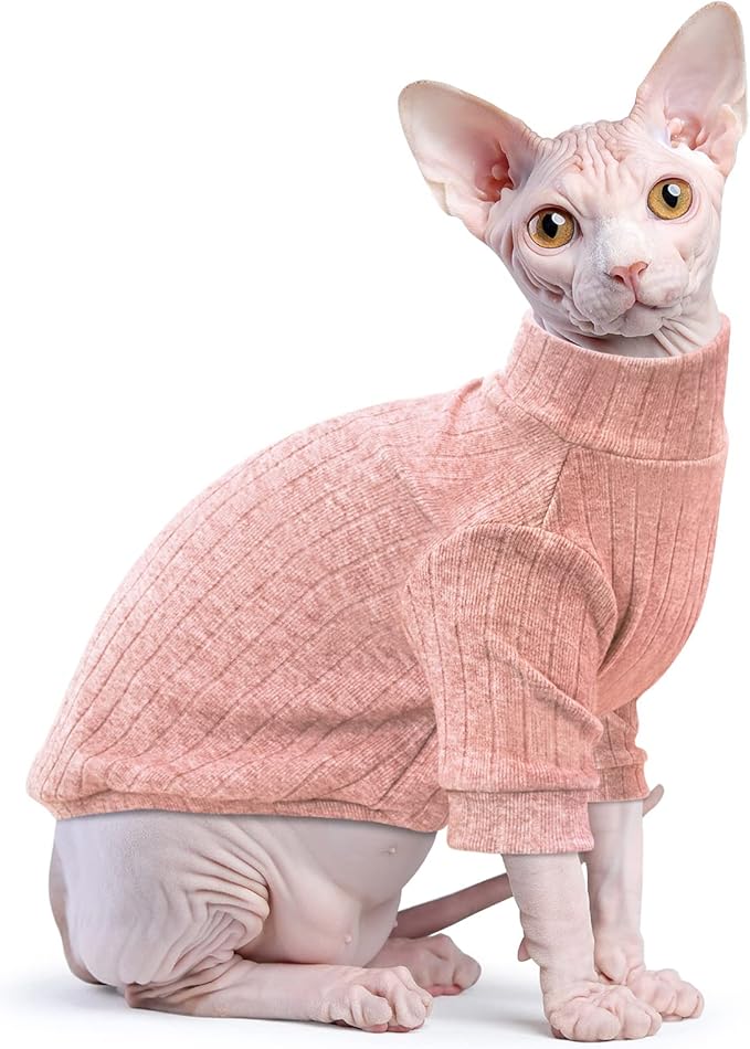 Idepet Sphynx Hairless Cats Sweater Shirt Kitten Soft Puppy Clothes Pullover Cute Cat Pajamas Jumpsuit Cotton Apparel Pet Winter Turtleneck for Cats and Teacup Chihuahua Small Dogs(Pink,XL)