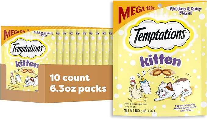 Temptations Kitten Treats Classic Crunchy and Soft Cat Treats, Chicken and Dairy Flavor, 6.3 oz. Pouch (Pack of 10)