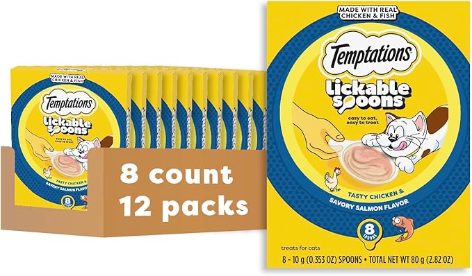 Temptations Lickable Spoons, Soft Lickable Cat Treats, Adult Wet Cat Treats, Tasty Chicken and Savory Salmon Flavor, 8 Spoons, Pack of 12 (96 Total)