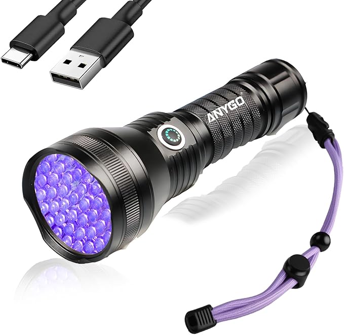 51 LED Rechargeable Black Light Flashlight, 395nm UV Flashlight, Portable Ultraviolet Pet Urine Detector for Dog Cat Stains, Bed Bugs, Scorpions, Resin Curing, Battery Included