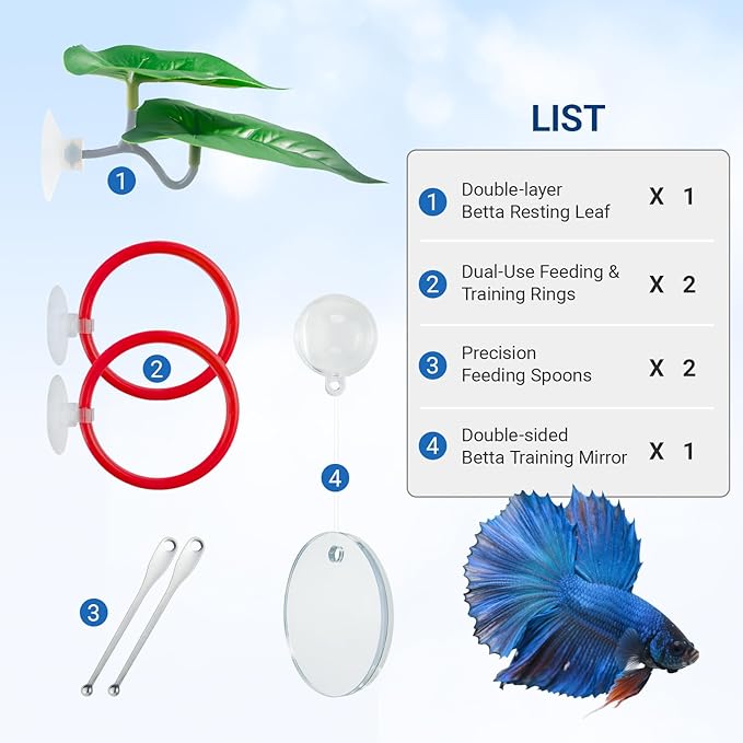 Betta Fish Toy Set: Betta Training Floating Mirror, Training/Feeding Ring, Spoon, and Resting Leaf. Promotes Exercise. Betta Toys, Resting & Feeding Kit(Red)
