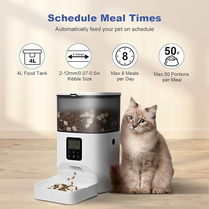 Automatic Cat Feeder, 4L Cat Food Dispenser with 10s Voice Recorder, Pet Feeder up to 8 Meals per Day, Timed Dog Feeder with Dry Food Sealed Ring