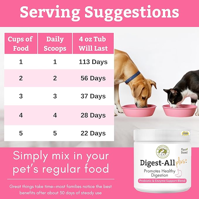 Wholistic Pet Organics Probiotics for Dogs with Digestive Enzymes & Prebiotic Fiber - 4 Oz - Daily Cat & Dog Probiotics for Digestive Health, Anti Diarrhea & Gut Support - Cat Probiotic - 113 Scoops