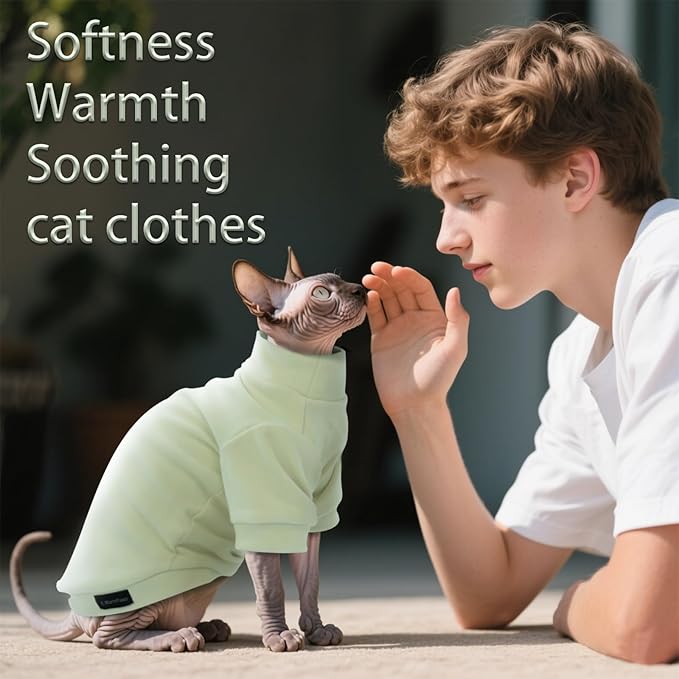 Fleece Sphynx Cat Clothes Soft Hairless Cat Clothes Pullover Cat Sweater for Chihuahua All Season Light and Warm Kitten Cloth for Cats Only Puppy Clothes Small Dog Sweater (Pale Green, Large)