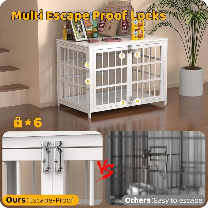 Heavy Duty Dog Crate Furniture – Indestructible Furniture Style Dog Kennel with Wooden Table Top, Escape-Proof Crate for High Anxiety Dogs, Decorative Indoor Pet House with Double Doors & Secure Locks