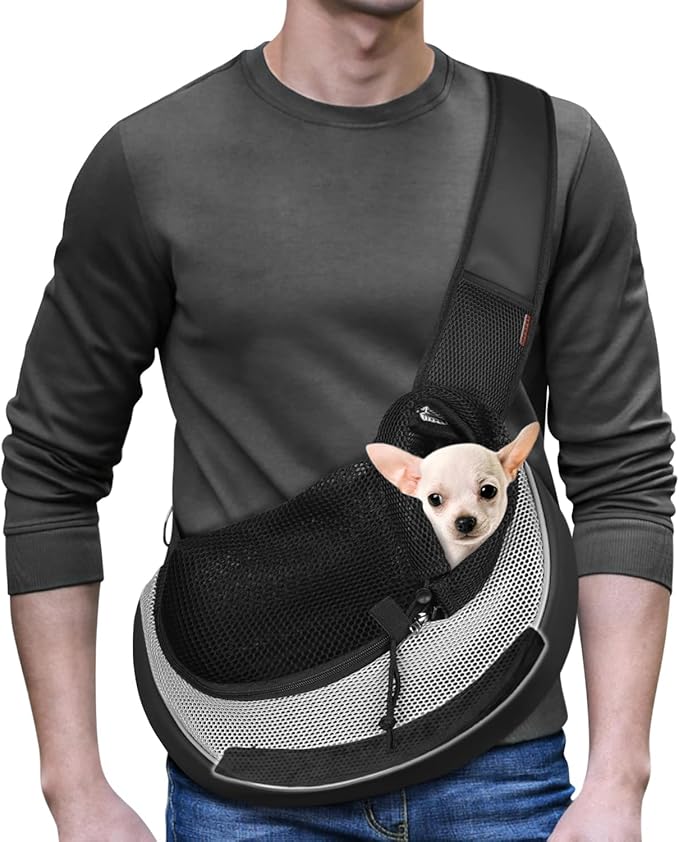 YUDODO Pet Sling Carrier for 5-9 lbs Small Dogs & Cats – Hands-Free Puppy Carrier with Safety Hook, Large Zipper Pocket, Soft Breathable Mesh, Adjustable Strap & Reflective Strip (Gray 3.0 M)