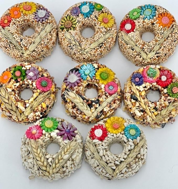 8-Pack Hanging Bird Seed Ornaments w/ 100% Edible Flowers & Wheat Stalks, Circle Shape, 3 Seed Blends Included, 100% Edible (Safe for Bird Consumption)