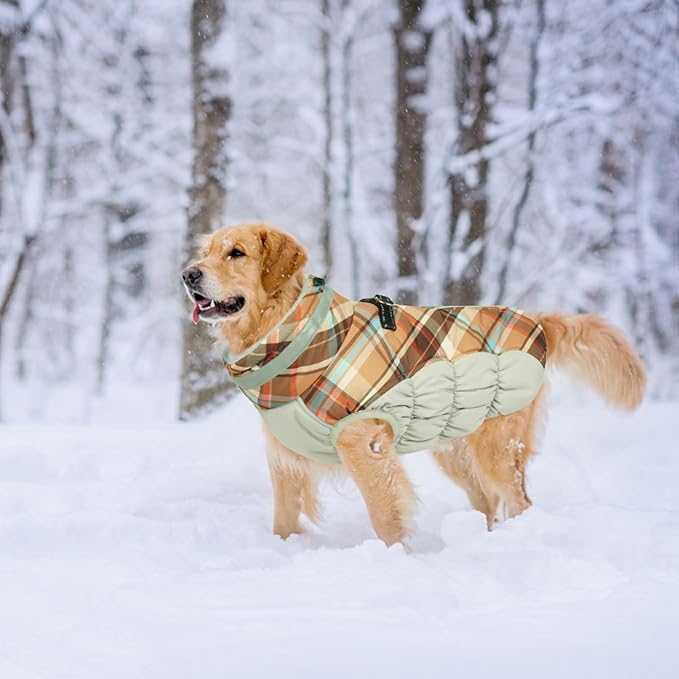 Lelepet Warm Dog Winter Coat Dog Coats for Large Dogs Waterproof Dogs Jacket with Harness Built in Reflective Cold Weather Coats Windproof Zip-Up Winter Fleece Vest Snowsuit Pitbull Brown Plaid XXL