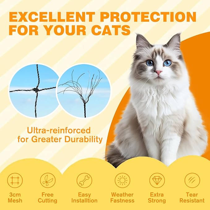 Steel Reinforced Cat Netting for Balcony Anti-Fall Fence Safety Net, Extra Strong Cat Net for Catio Safety Cat Balcony Netting for Pets Cat Proof Screen Pet Net Cat Balcony Protection Barrier10FTx13FT